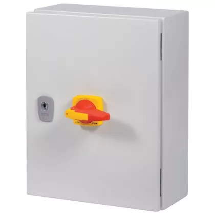   EATON 197327 DUMECO megszakító, 125A, 3+N, kapcsolható N-pólus, fémszekr., IP65, piros és sárga fogantyú lakat