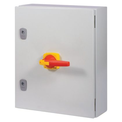 EATON 197341 Switch-disconnector, DMV, 400 A, 3 pole, Emergency switching off function, With red rotary handle and yellow locking ring, in steel enclosure, 11 mm c