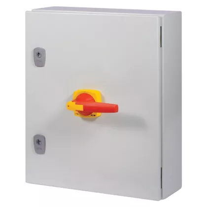   EATON 197343 Szakaszoló kapcsoló DUMECO, 400A, 3+N, kapcsolt N, acél házban IP65, piros+sárga zárható fogantyúval