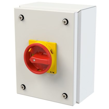 EATON 197354 Main switch, P1, 32 A, surface mounting, 3 pole, Emergency switching off function, With red rotary handle and yellow locking ring, Lockable in the 0 (