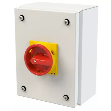 EATON 197355 Main switch, P1, 32 A, surface mounting, 3 pole, 1 N/O, 1 N/C, Emergency switching off function, With red rotary handle and yellow locking ring, Locka