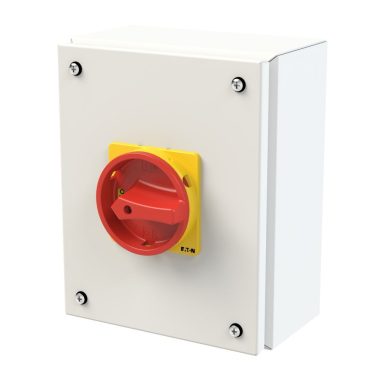EATON 197363 Main switch, P3, 63 A, surface mounting, 3 pole, 1 N/O, 1 N/C, Emergency switching off function, With red rotary handle and yellow locking ring, Locka