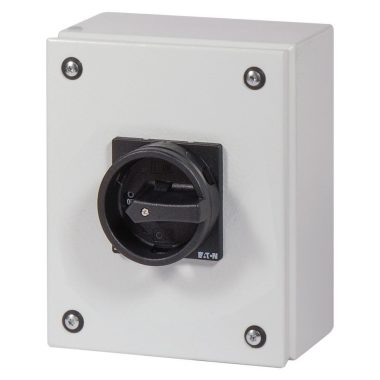 EATON 197365 Main switch, P3, 63 A, surface mounting, 3 pole, STOP function, With black rotary handle and locking ring, Lockable in the 0 (Off) position, in steel