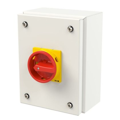 EATON 197377 Main switch, T0, 20 A, surface mounting, 2 contact unit(s), 3 pole, Emergency switching off function, With red rotary handle and yellow locking ring,
