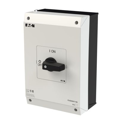 EATON 237542 On-Off switch, P3, 63 A, surface mounting, 3 pole, 1 N/O, 1 N/C, with black thumb grip and front plate, UL/CSA