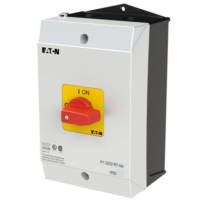 EATON 255893 On-Off switch, P1, 32 A, surface mounting, 3 pole, Emergency switching off function, with red thumb grip and yellow front plate, UL/CSA