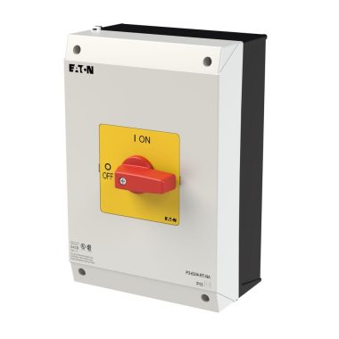 EATON 255899 On-Off switch, P3, 63 A, surface mounting, 3 pole, Emergency switching off function, with red thumb grip and yellow front plate, UL/CSA