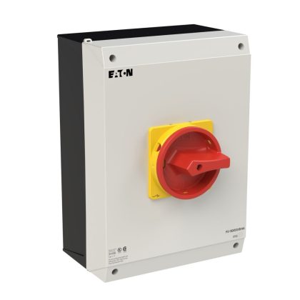EATON 255903 Main switch, P3, 100 A, surface mounting, 3 pole, Emergency switching off function, With red rotary handle and yellow locking ring, UL/CSA
