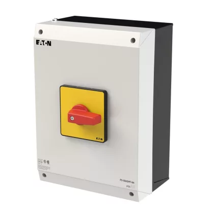 EATON 255905 On-Off switch, P3, 100 A, surface mounting, 3 pole, Emergency switching off function, with red thumb grip and yellow front plate, UL/CSA