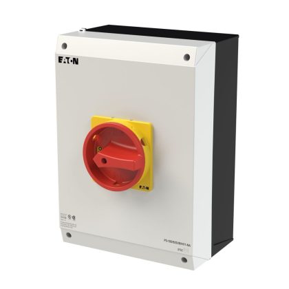 EATON 255907 Main switch, P3, 100 A, surface mounting, 3 pole, 1 N/O, 1 N/C, Emergency switching off function, With red rotary handle and yellow locking ring, UL/C