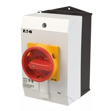 EATON 264011 Main switch, T3, 32 A, surface mounting, 4 contact unit(s), 7-pole, Emergency switching off function, With red rotary handle and yellow locking ring,