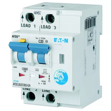 EATON MB-300153 Áram-védőkapcsoló túláram- és ívhiba elleni védelemmel, In=20A, C kar, 10kA, Idn=0,03A, G/A típus EATON MB-300153 Áram-védőkapcsoló túláram- és ívhiba elleni védelemmel, In=20A, C kar, 10kA, Idn=0,03A, G/A típus
