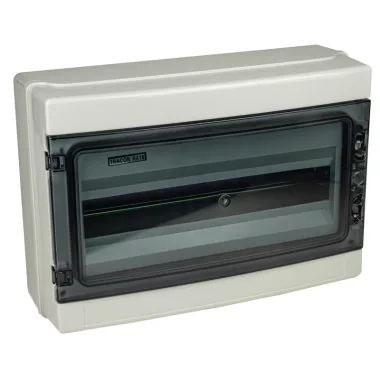 TRACON EDFKIP65-18/1 Falon kívüli elosztódoboz, átlátszó ajtóval, N/PE sínnel 1×18 mod, H×W×D=285×410×140mm, IP65, 660V AC, 1000 V DC