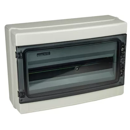   TRACON EDFKIP65-18/1 Falon kívüli elosztódoboz, átlátszó ajtóval, N/PE sínnel 1×18 mod, H×W×D=285×410×140mm, IP65, 660V AC, 1000 V DC