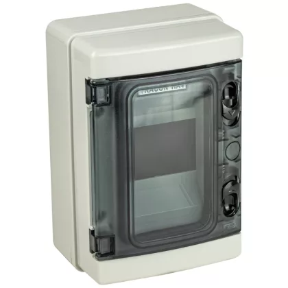 TRACON EDFKIP65-4/1 Falon kívüli elosztódoboz, átlátszó ajtóval, N/PE sínnel 1×4 mod, H×W×D=210×140×100mm, IP65, 660V AC, 1000 V DC TRACON EDFKIP65-4/1 Falon kívüli elosztódoboz, átlátszó ajtóval, N/PE sínnel 1×4 mod, H×W×D=210×140×100mm, IP65, 660V AC, 1000 V DC