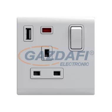 ELMARK 190836 "London" süllyesztett kétpólusú kapcsoló jelzfénnyel + G típusú aljzat + USB aljzat, fehér, 13A, PC