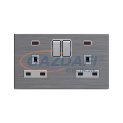   ELMARK 190939 "London" süllyesztett dupla egypólusú kapcsoló jelzfénnyel + dupla G típusú aljzat, 13A, rozsdamentes acél