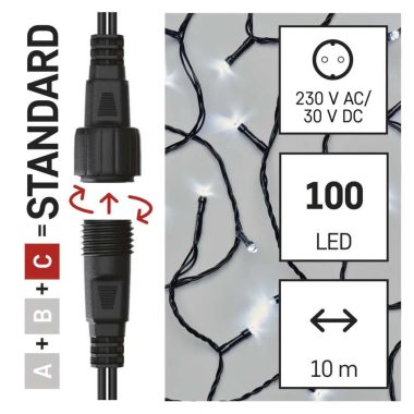 EMOS D1AC03 Standard LED sorolható karácsonyi füzér, 10 m, kültéri és beltéri, hideg fehér, időzítő, 1,2 W, 230 V AC, IP44