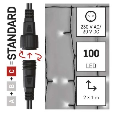 EMOS D1EC01 Standard LED sorolható karácsonyi füzér – fényfüggöny, 1x2 m, kültéri, hideg fehér, időzítő, 1,2 W, 230 V AC, IP44