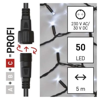 EMOS D2AC01 Profi LED sorolható füzér, fekete, 5 m, kültéri és beltéri, hideg fehér, időzítő, 0,9 W, 230 V AC, IP44