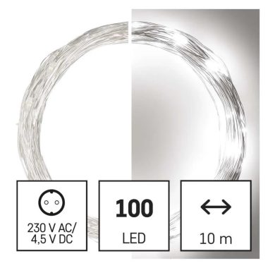 EMOS D3AC01 LED karácsonyi nano fényfüzér, ezüst, 10 m, kültéri és beltéri, hideg fehér, időzítő, 3,6 W, 230 V AC, IP44