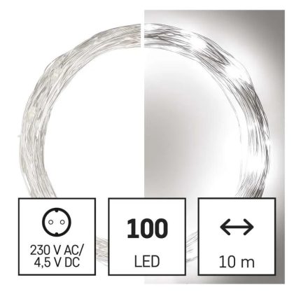   EMOS D3AC01 LED karácsonyi nano fényfüzér, ezüst, 10 m, kültéri és beltéri, hideg fehér, időzítő, 3,6 W, 230 V AC, IP44