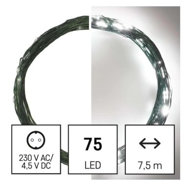 EMOS D3AC04 LED karácsonyi nano fényfüzér, zöld, 7,5 m, kültéri és beltéri, hideg fehér, időzítő, 2,4 W, 230 V AC, IP44