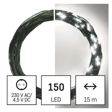 EMOS D3AC05 LED karácsonyi nano fényfüzér, zöld, 15 m, kültéri és beltéri, hideg fehér, időzítő, 3,6 W, 230 V AC, IP44