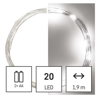 EMOS D3AC07 LED karácsonyi nano fényfüzér, 1,9 m, 2x AA, beltéri, hideg fehér, időzítő, 1,28 W, elem (2× AA), IP20