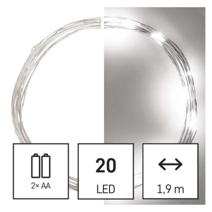   EMOS D3AC07 LED karácsonyi nano fényfüzér, 1,9 m, 2x AA, beltéri, hideg fehér, időzítő, 1,28 W, elem (2× AA), IP20