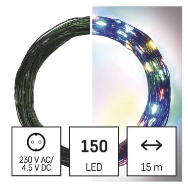 EMOS D3AM03 LED karácsonyi nano fényfüzér, zöld, 15 m, kültéri és beltéri, többszínű, időzítő, 3,6 W, 230 V AC, IP44