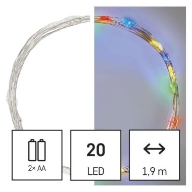 EMOS D3AM04 LED karácsonyi nano fényfüzér, 1,9 m, 2x AA, beltéri, többszínű, időzítő, 1 W, elem (2× AA), IP20