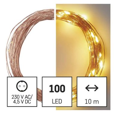 EMOS D3AW02 LED karácsonyi nano fényfüzér, réz, 10 m, kültéri és beltéri, meleg fehér, időzítő, 3,6 W, 230 V AC, IP44