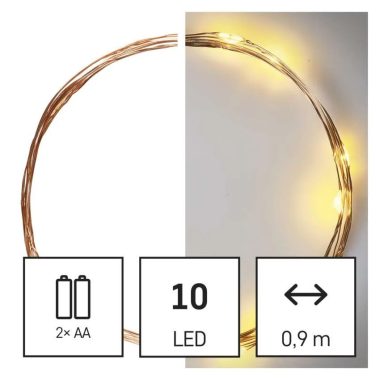 EMOS D3AW06 LED karácsonyi nano fényfüzér, réz, 0,9 m, 2x AA, beltéri, meleg fehér, időzítő, 0,6 W, elem (2× AA), IP20