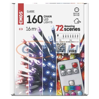 EMOS D4AA04 LED karácsonyi fényfüzér, 16 m, kültéri és beltéri, RGB, távirányító, programok, időzítő, 18 W, 230 V AC, IP44