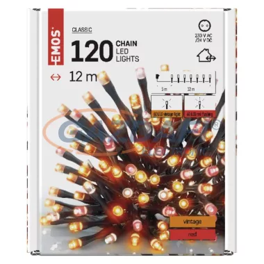EMOS D4AD01 LED karácsonyi fényfüzér, pulzáló, 12 m, kültéri és beltéri, vintage/piros, időzítő, 3,6 W, 230 V AC, IP44