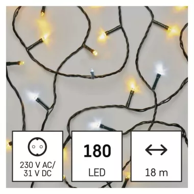 EMOS D4AN03 LED karácsonyi fényfüzér, villogó, 18 m, kültéri és beltéri, meleg/hideg fehér, időzítő, 6 W, 230 V AC, IP44