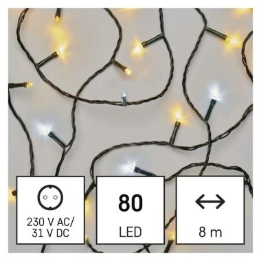 EMOS D4AN04 LED karácsonyi fényfüzér, 8 m, kültéri és beltéri, meleg/hideg fehér, időzítő, 3,6 W, 230 V AC, IP44