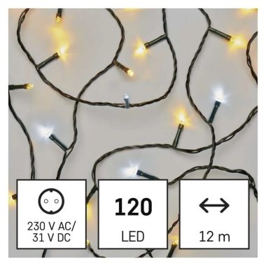 EMOS D4AN05 LED karácsonyi fényfüzér, 12 m, kültéri és beltéri, meleg/hideg fehér, időzítő, 3,6 W, 230 V AC, IP44