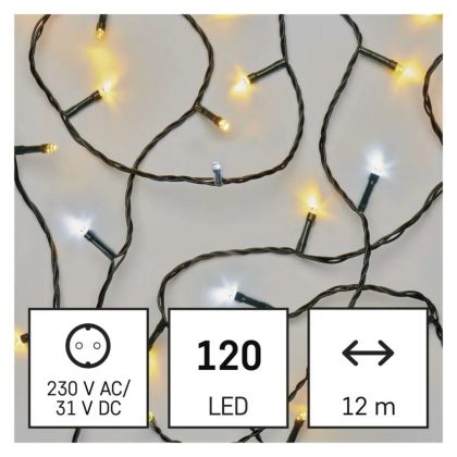 EMOS D4AN05 LED karácsonyi fényfüzér, 12 m, kültéri és beltéri, meleg/hideg fehér, időzítő, 3,6 W, 230 V AC, IP44