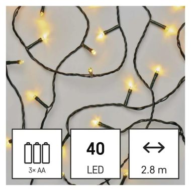 EMOS D4FW01 LED karácsonyi fényfüzér, 2,8 m, 3x AA, kültéri és beltéri, meleg fehér, időzítő, 0,5 W, elem (3× AA), IP44