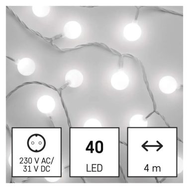 EMOS D5AC01 LED fényfüzér, cseresznye – golyók 2,5 cm, 4 m, kültéri és beltéri, hideg fehér, időzítő, 3,6 W, 230 V AC, IP44