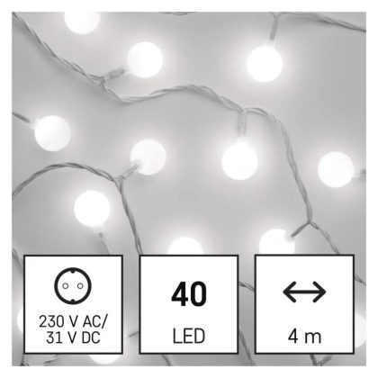 EMOS D5AC01 LED fényfüzér, cseresznye – golyók 2,5 cm, 4 m, kültéri és beltéri, hideg fehér, időzítő, 3,6 W, 230 V AC, IP44