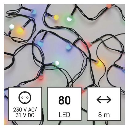   EMOS D5AM02 LED karácsonyi fényfüzér, cseresznye – golyók, 8 m, kültéri és beltéri, többszínű, időzítő, 3,6 W, 230 V AC, IP44