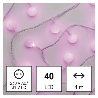   EMOS D5AP01 LED fényfüzér, cseresznye – golyók 2,5 cm, 4 m, kültéri és beltéri, rózsaszínű, időzítő, 3,6 W, 230 V AC, IP44