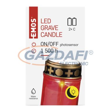 EMOS DCCV20 LED temetői mécses, piros, 2x C, kültéri és beltéri, meleg fehér, fényérzékelő,  0,06 W, elem (2× C), IP44
