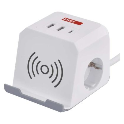 EMOS P0222CQ Hosszabbító - kocka 2 m / 2 aljzat / fehér / 2×USB-A+1×USB-C+Qi / 1,5 mm2