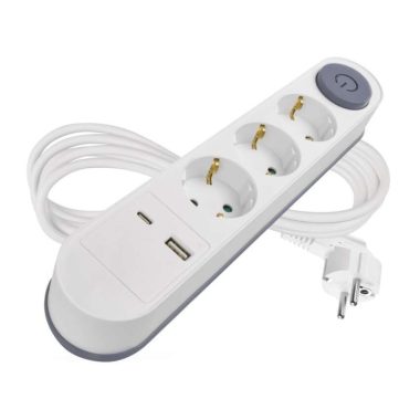 EMOS P1322PD Hosszabbító 2 m / 3 aljzat / kapcsolós / fehér / 1× USB-A + 1× USB-C  / 1,5 mm2