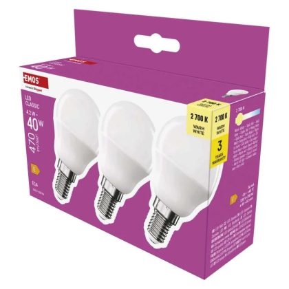   EMOS ZQ1E21.3 LED fényforrás CLS MINI GLOBE 4,2W(40W) 470lm E14 WW 3PC