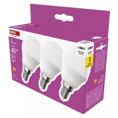 EMOS ZQ1E23.3 LED fényforrás CLS MINI GLOBE 4,2W(40W) 470lm E14 NW 3PC